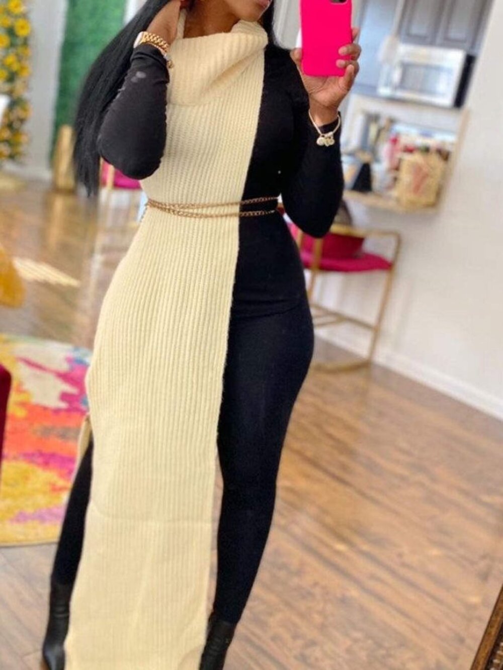 Solid Slit Turtleneck Sleeveless Dress (Without Waist Chain) - Cream